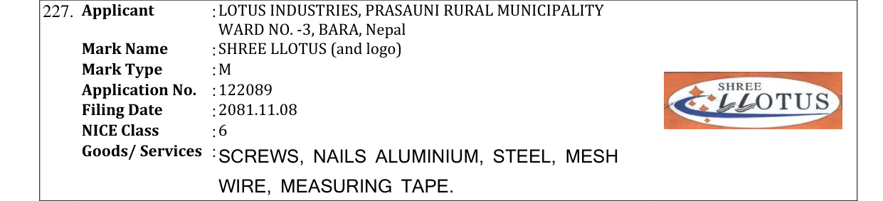 Original bulletin entry for SHREE LLOTUS (and logo)