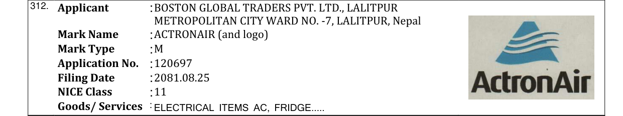 Original bulletin entry for ACTRONAIR (and logo)