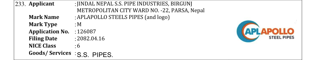 Original bulletin entry for APLAPOLLO STEELS PIPES (and logo)