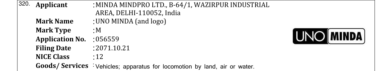Original bulletin entry for UNO MINDA (and logo)