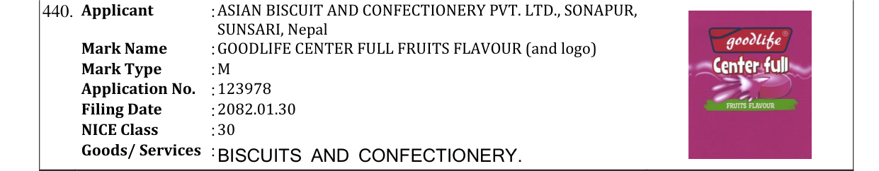 Original bulletin entry for GOODLIFE CENTER FULL FRUITS FLAVOUR (and logo)