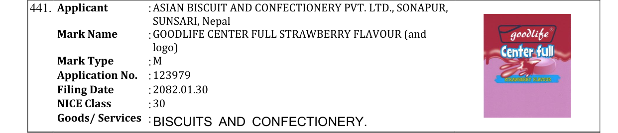 Original bulletin entry for GOODLIFE CENTER FULL STRAWBERRY FLAVOUR (and logo)