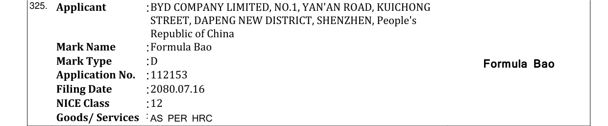 Original bulletin entry for Formula Bao