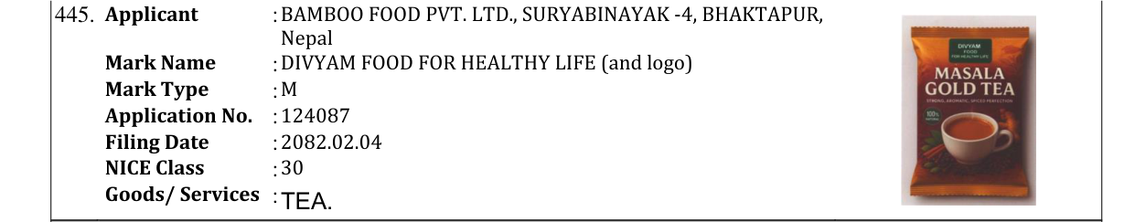 Original bulletin entry for DIVYAM FOOD FOR HEALTHY LIFE (and logo)