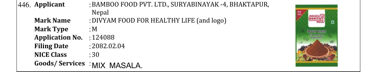 Original bulletin entry for DIVYAM FOOD FOR HEALTHY LIFE (and logo)