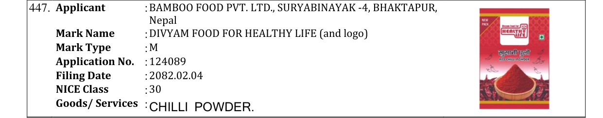 Original bulletin entry for DIVYAM FOOD FOR HEALTHY LIFE (and logo)