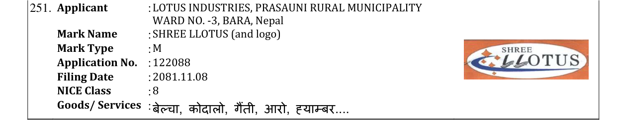 Original bulletin entry for SHREE LLOTUS (and logo)
