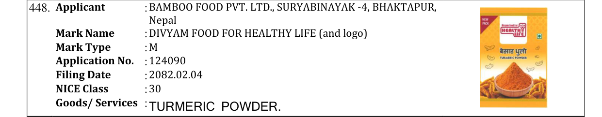 Original bulletin entry for DIVYAM FOOD FOR HEALTHY LIFE (and logo)