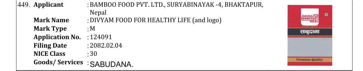 Original bulletin entry for DIVYAM FOOD FOR HEALTHY LIFE (and logo)