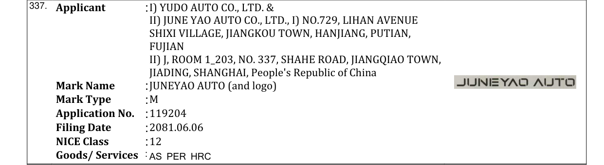 Original bulletin entry for JUNEYAO AUTO (and logo)