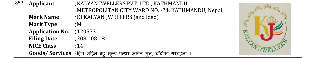 Original bulletin entry for KJ KALYAN JWELLERS (and logo)