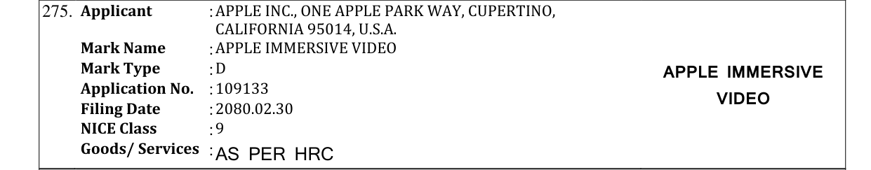 Original bulletin entry for APPLE IMMERSIVE VIDEO