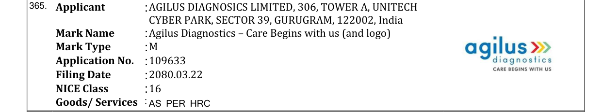 Original bulletin entry for Agilus Diagnostics – Care Begins with us (and logo)