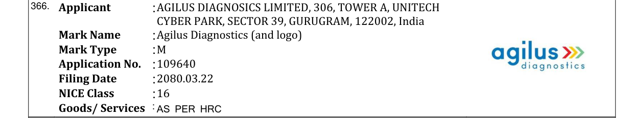 Original bulletin entry for Agilus Diagnostics (and logo)