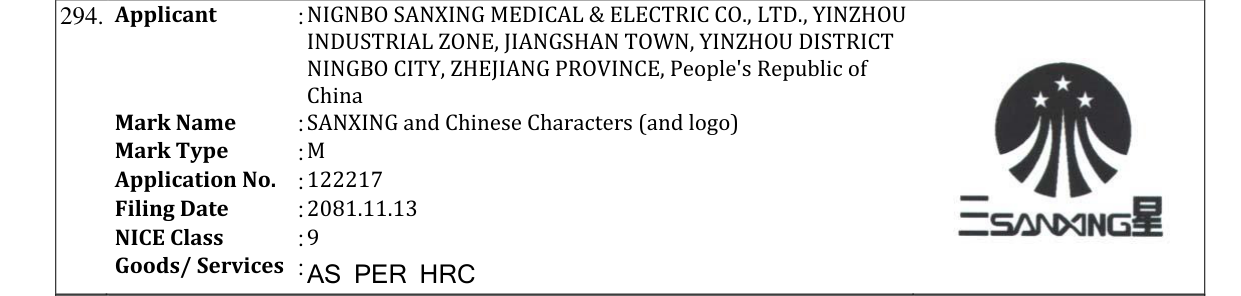 Original bulletin entry for SANXING and Chinese Characters (and logo)