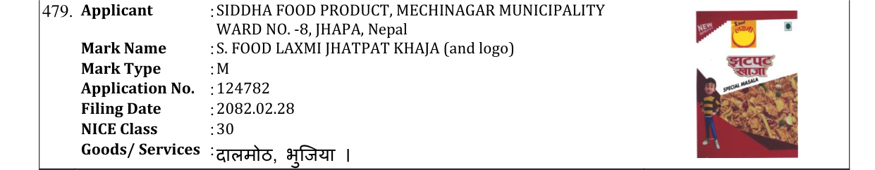 Original bulletin entry for S. FOOD LAXMI JHATPAT KHAJA (and logo)
