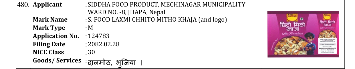 Original bulletin entry for S. FOOD LAXMI CHHITO MITHO KHAJA (and logo)