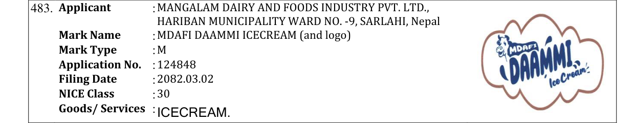 Original bulletin entry for MDAFI DAAMMI ICECREAM (and logo)