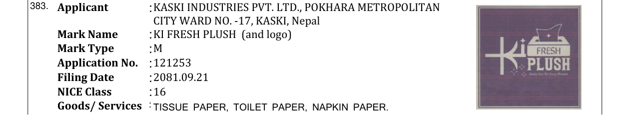 Original bulletin entry for KI FRESH PLUSH (and logo)