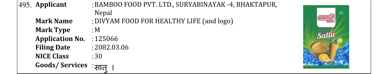 Original bulletin entry for DIVYAM FOOD FOR HEALTHY LIFE (and logo)