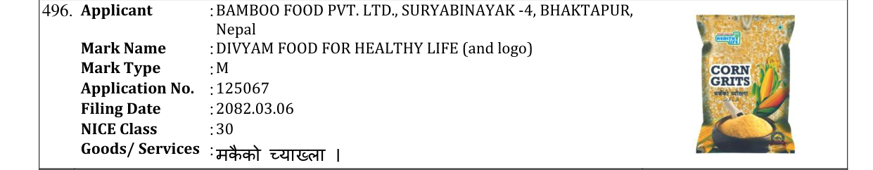 Original bulletin entry for DIVYAM FOOD FOR HEALTHY LIFE (and logo)