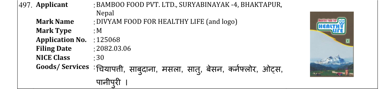 Original bulletin entry for DIVYAM FOOD FOR HEALTHY LIFE (and logo)