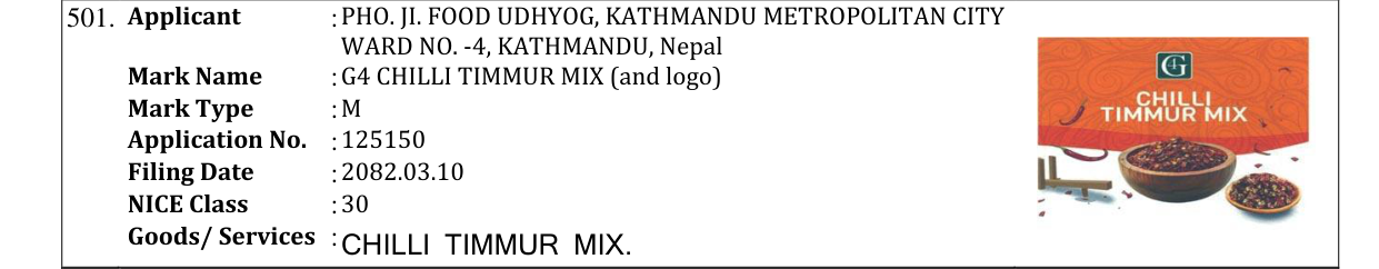 Original bulletin entry for G4 CHILLI TIMMUR MIX (and logo)