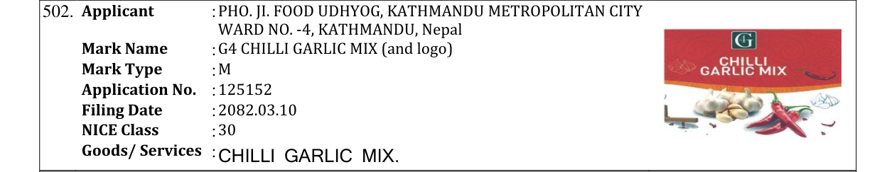 Original bulletin entry for G4 CHILLI GARLIC MIX (and logo)