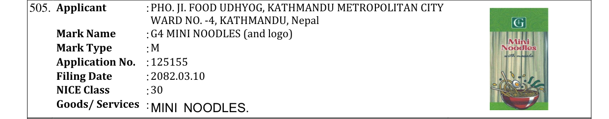 Original bulletin entry for G4 MINI NOODLES (and logo)