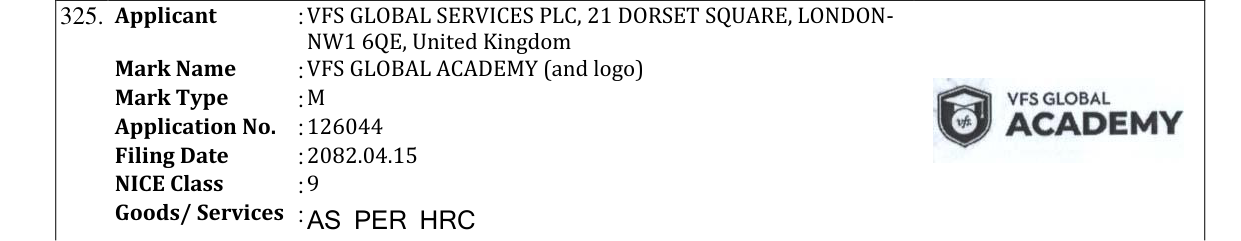 Original bulletin entry for VFS GLOBAL ACADEMY (and logo)