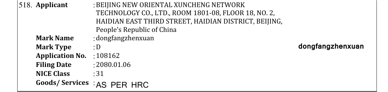 Original bulletin entry for dongfangzhenxuan