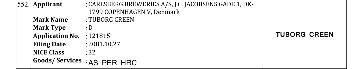 Original bulletin entry for TUBORG CREEN