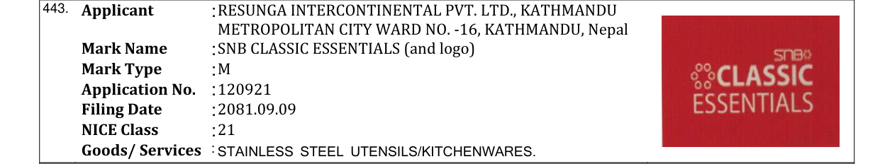 Original bulletin entry for SNB CLASSIC ESSENTIALS (and logo)