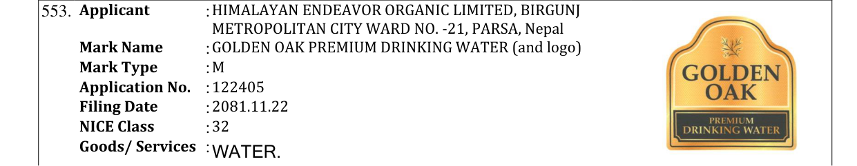 Original bulletin entry for GOLDEN OAK PREMIUM DRINKING WATER (and logo)