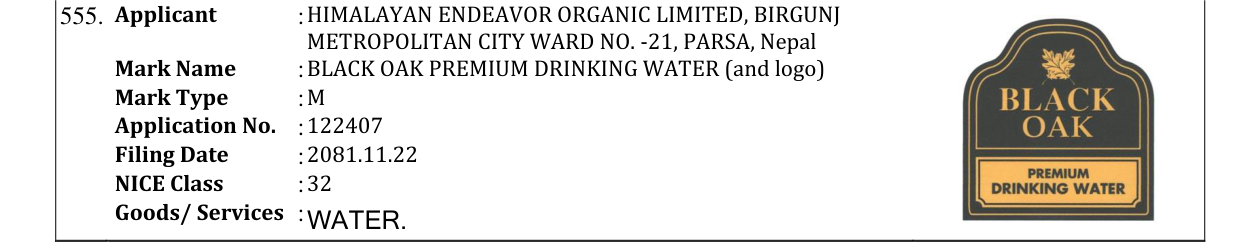 Original bulletin entry for BLACK OAK PREMIUM DRINKING WATER (and logo)