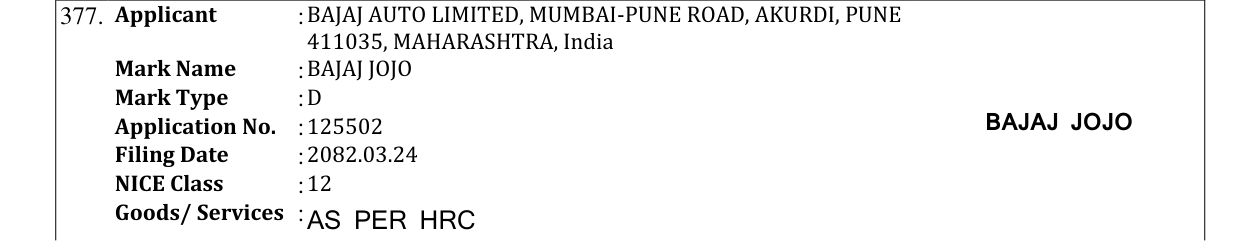 Original bulletin entry for BAJAJ JOJO