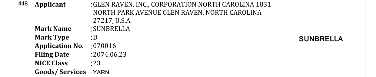 Original bulletin entry for SUNBRELLA