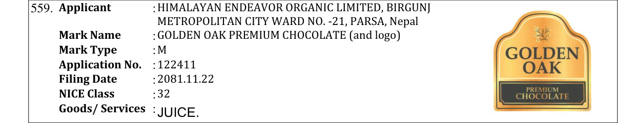 Original bulletin entry for GOLDEN OAK PREMIUM CHOCOLATE (and logo)