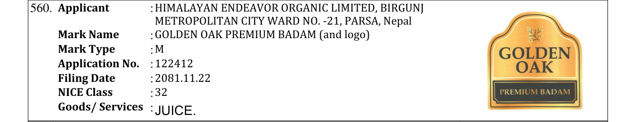 Original bulletin entry for GOLDEN OAK PREMIUM BADAM (and logo)