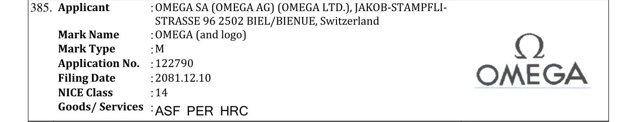 Original bulletin entry for OMEGA (and logo)