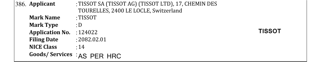 Original bulletin entry for TISSOT