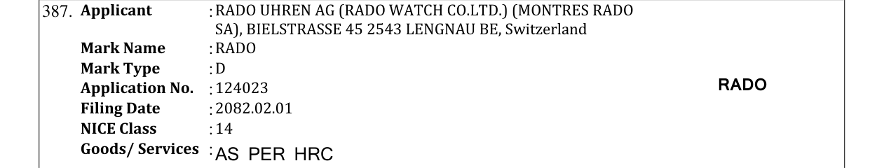 Original bulletin entry for RADO