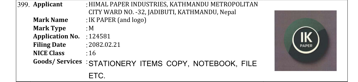 Original bulletin entry for IK PAPER (and logo)