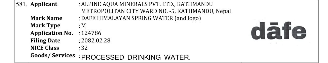 Original bulletin entry for DAFE HIMALAYAN SPRING WATER (and logo)