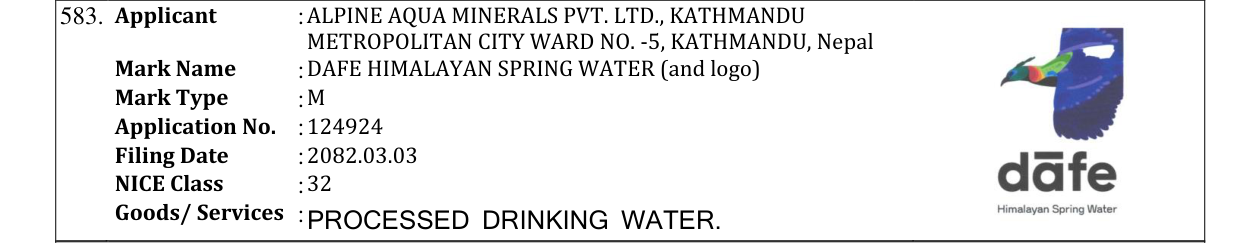 Original bulletin entry for DAFE HIMALAYAN SPRING WATER (and logo)