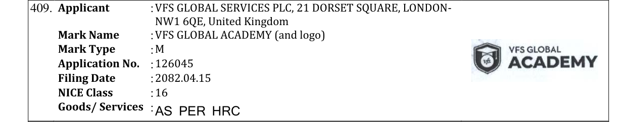 Original bulletin entry for VFS GLOBAL ACADEMY (and logo)