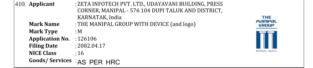 Original bulletin entry for THE MANIPAL GROUP WITH DEVICE (and logo)