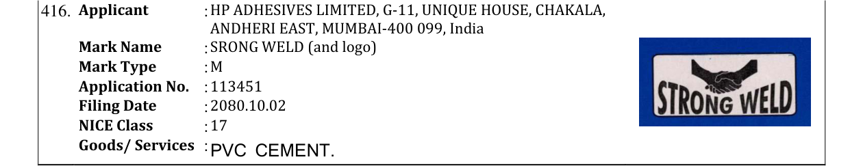 Original bulletin entry for SRONG WELD (and logo)