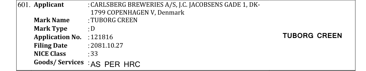 Original bulletin entry for TUBORG CREEN