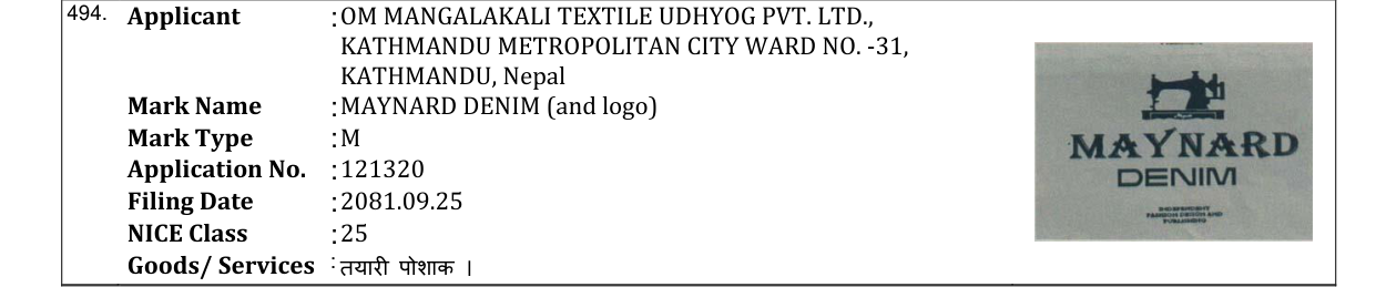Original bulletin entry for MAYNARD DENIM (and logo)